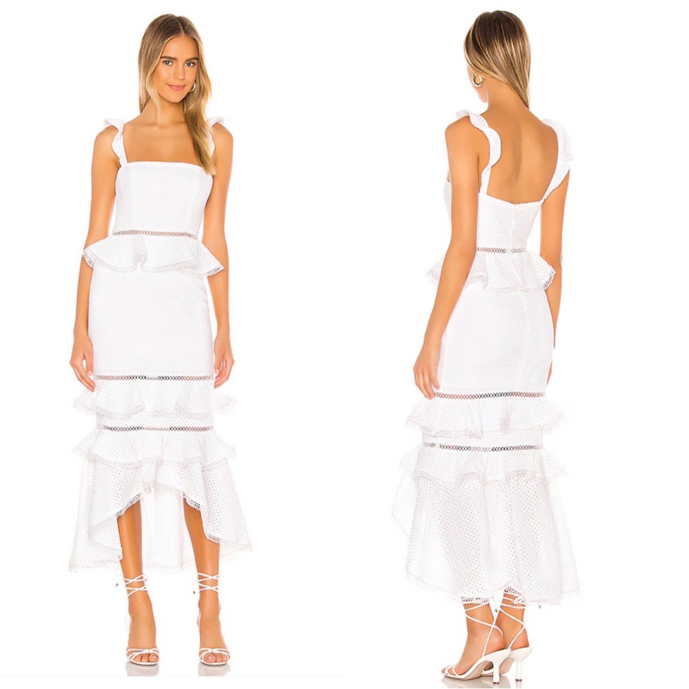 NBD White Ruffled Midi Dress